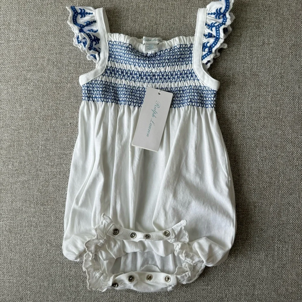 NWT Ralph Lauren Baby Girl Smocked Eyelet Bubble Shortall